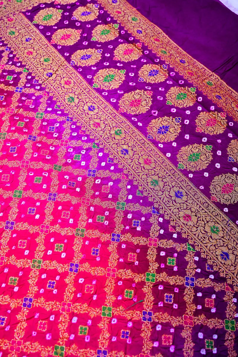Multi-Color Purple, Wine Maroon & Mustard Bandhani Silk Saree with Gold Zari Jaal & Meenakari Border(RLSS-181)