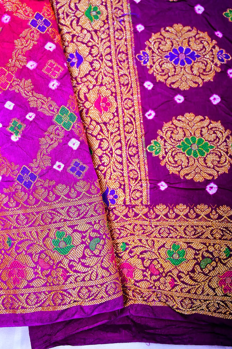 Multi-Color Purple, Wine Maroon & Mustard Bandhani Silk Saree with Gold Zari Jaal & Meenakari Border(RLSS-181)
