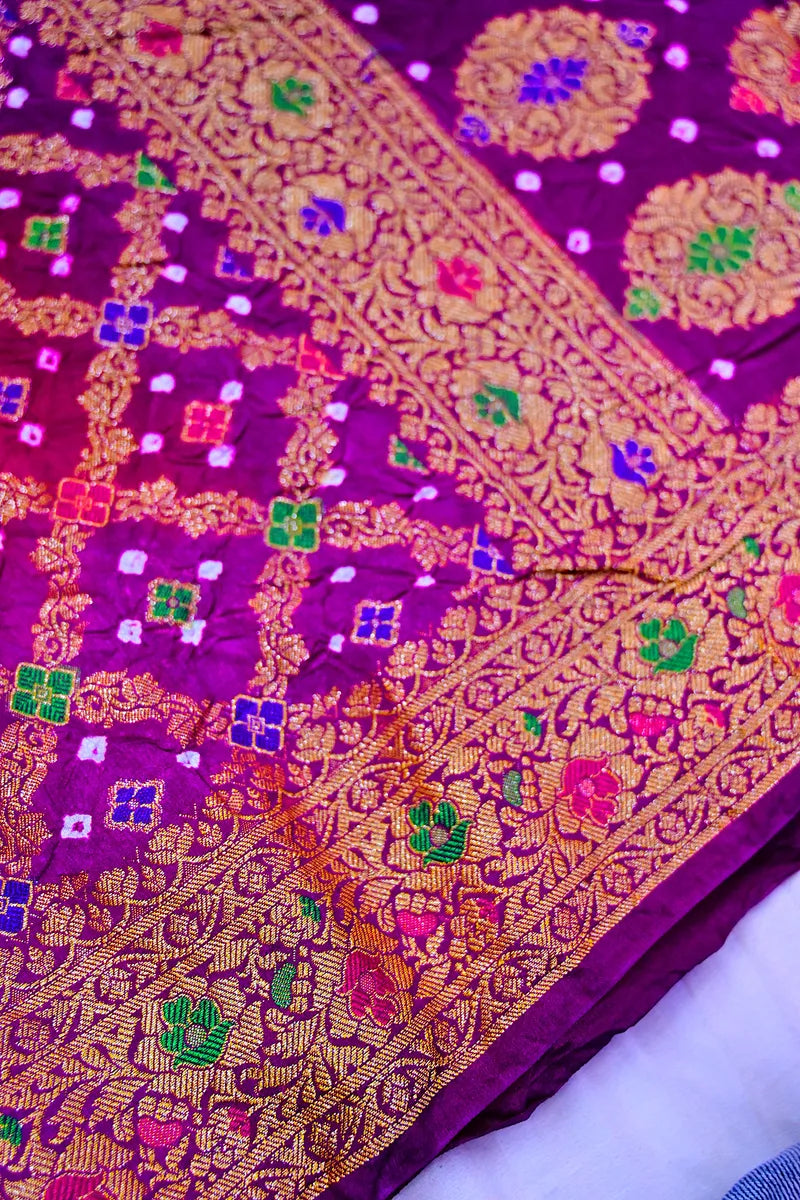 Multi-Color Purple, Wine Maroon & Mustard Bandhani Silk Saree with Gold Zari Jaal & Meenakari Border(RLSS-181)