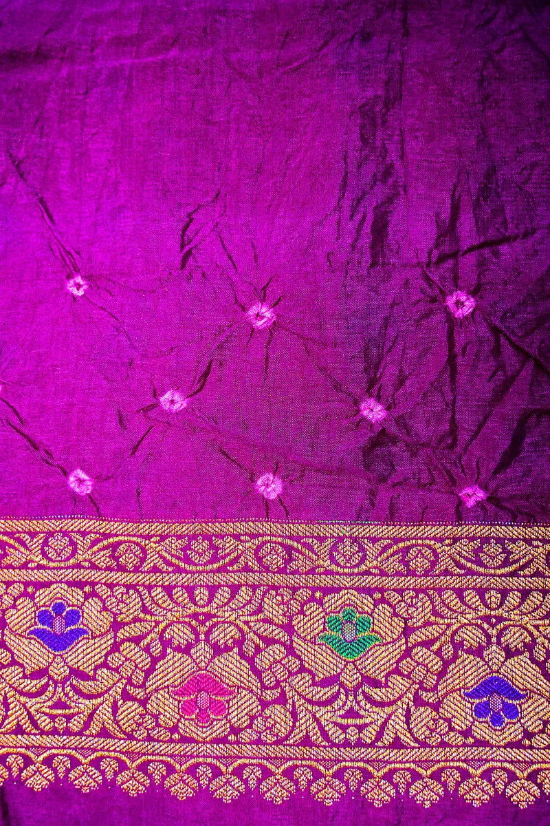Multi-Color Purple, Wine Maroon & Mustard Bandhani Silk Saree with Gold Zari Jaal & Meenakari Border(RLSS-181)