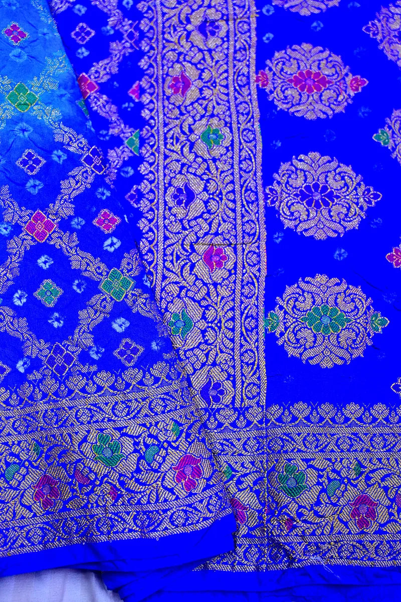 Royal Blue Bandhani Silk Saree with Gold Zari Jaal & Multi-Color Meenakari Floral Border(RLSS-179)