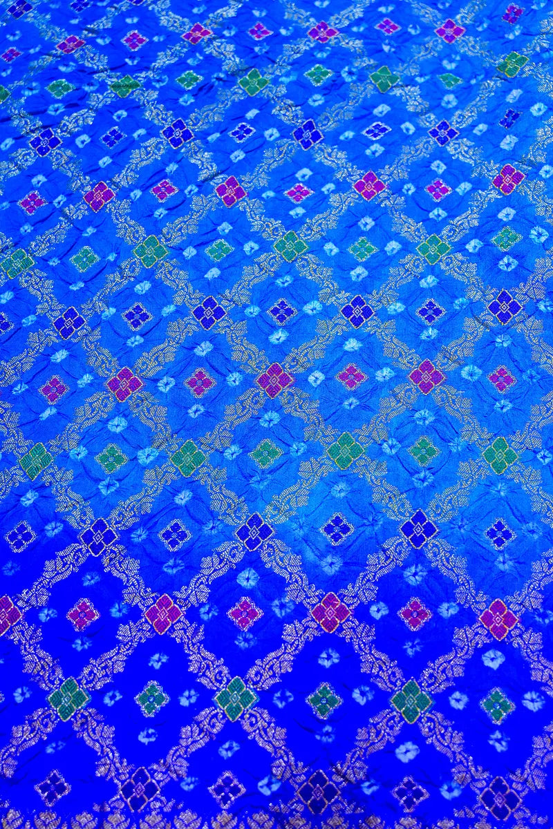 Royal Blue Bandhani Silk Saree with Gold Zari Jaal & Multi-Color Meenakari Floral Border(RLSS-179)