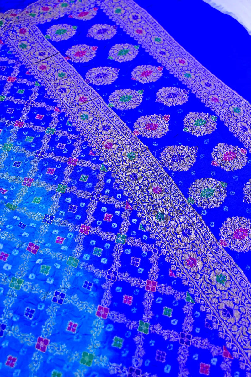 Royal Blue Bandhani Silk Saree with Gold Zari Jaal & Multi-Color Meenakari Floral Border(RLSS-179)