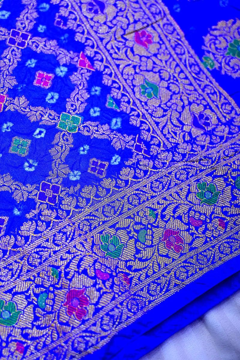 Royal Blue Bandhani Silk Saree with Gold Zari Jaal & Multi-Color Meenakari Floral Border(RLSS-179)