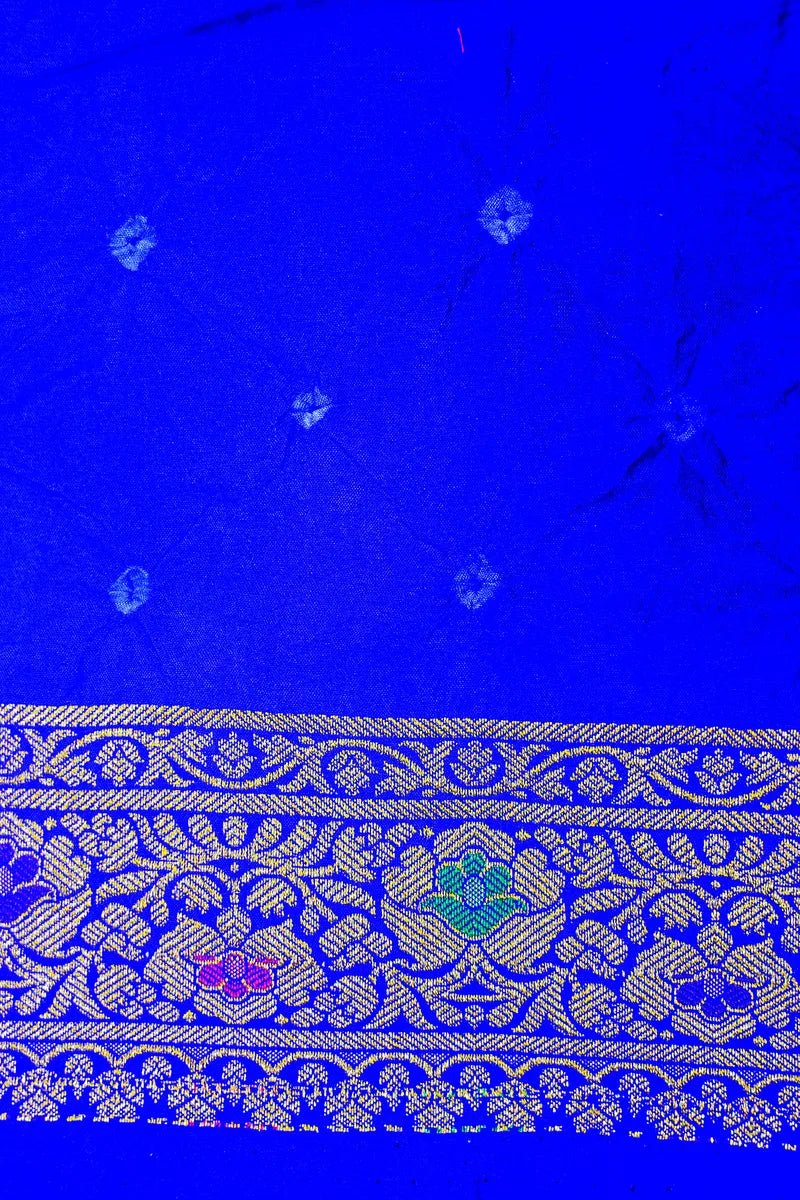 Royal Blue Bandhani Silk Saree with Gold Zari Jaal & Multi-Color Meenakari Floral Border(RLSS-179)