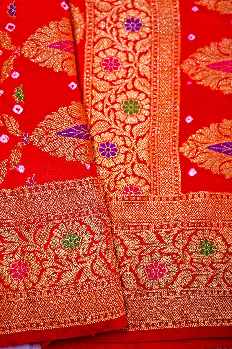 Tangerine Orange & Scarlet Red Bandhani Silk Saree with Gold Zari Foliage Jaal & Meenakari Border(RLSS-183)