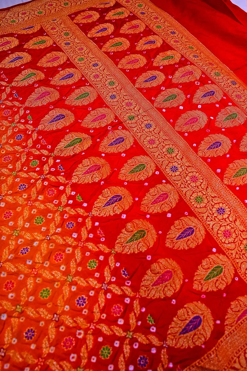 Tangerine Orange & Scarlet Red Bandhani Silk Saree with Gold Zari Foliage Jaal & Meenakari Border(RLSS-183)