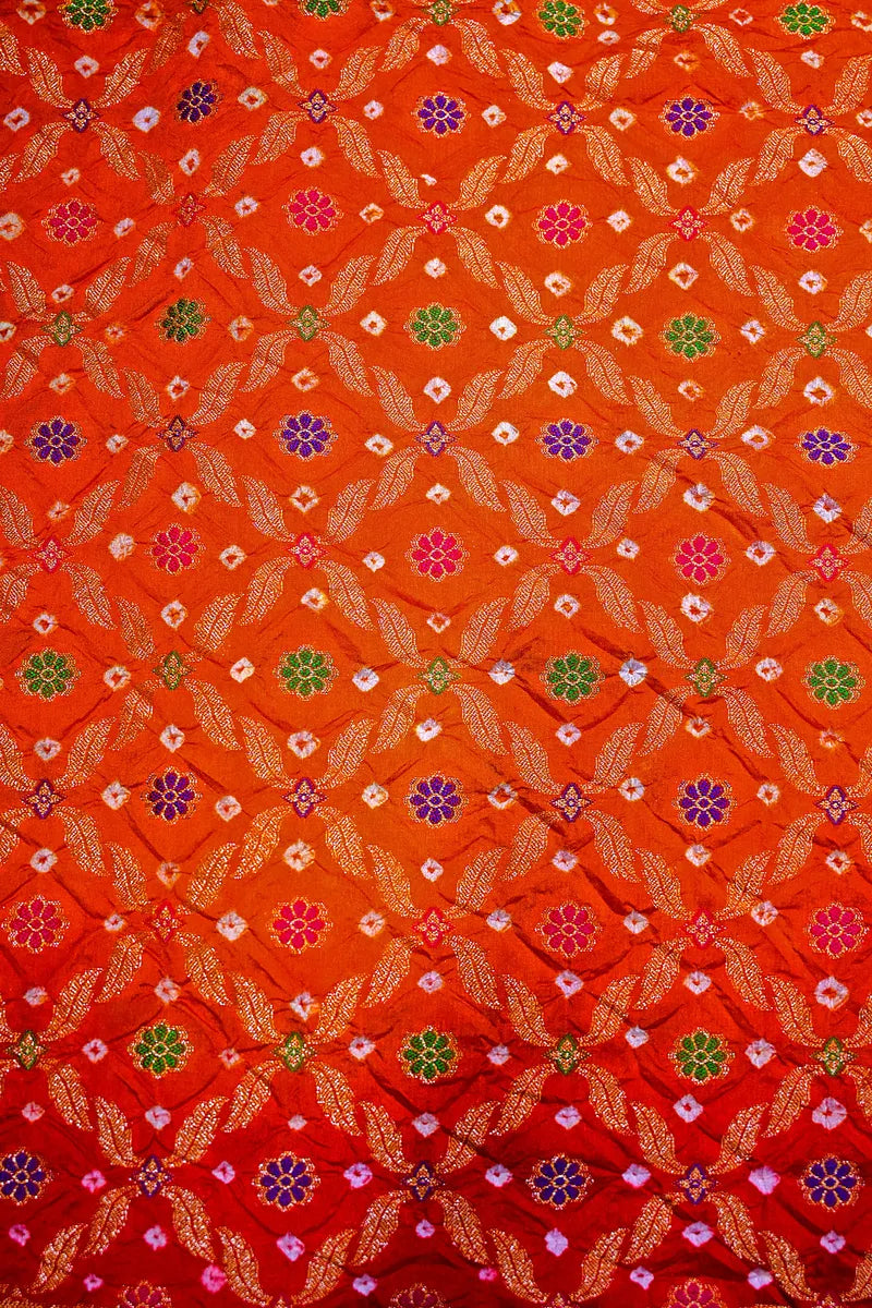 Tangerine Orange & Scarlet Red Bandhani Silk Saree with Gold Zari Foliage Jaal & Meenakari Border(RLSS-183)