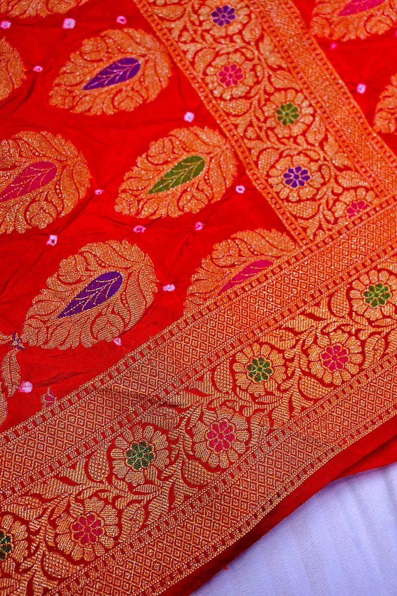 Tangerine Orange & Scarlet Red Bandhani Silk Saree with Gold Zari Foliage Jaal & Meenakari Border(RLSS-183)