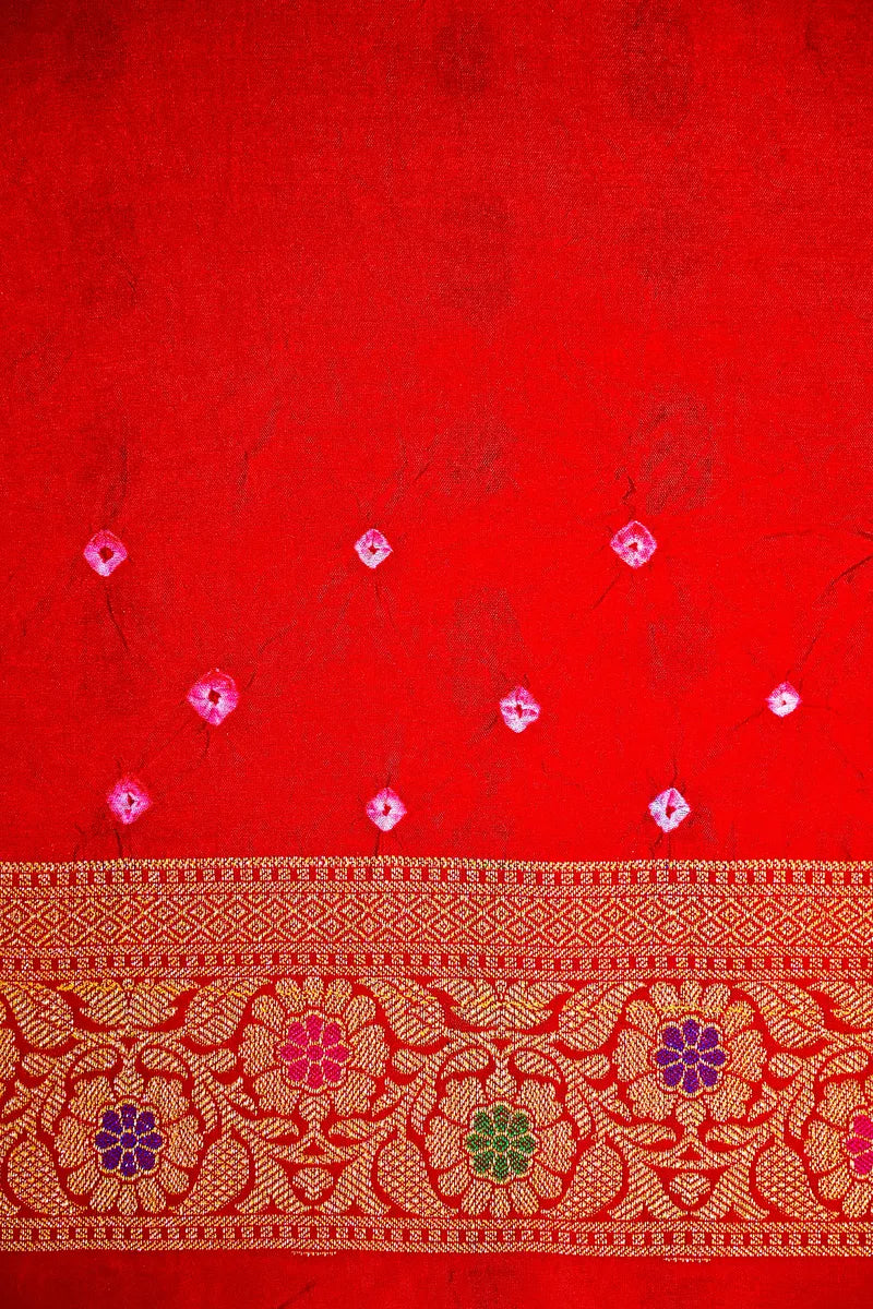 Tangerine Orange & Scarlet Red Bandhani Silk Saree with Gold Zari Foliage Jaal & Meenakari Border(RLSS-183)