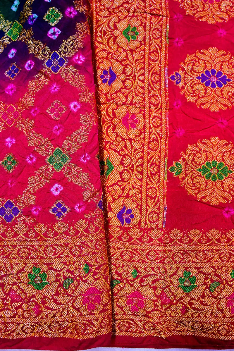 Bottle Green, Royal Purple & Rani Pink Bandhani Silk Saree with Gold Zari Jaal & Meenakari Border (RLSS-185)