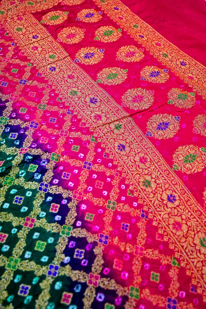 Bottle Green, Royal Purple & Rani Pink Bandhani Silk Saree with Gold Zari Jaal & Meenakari Border (RLSS-185)