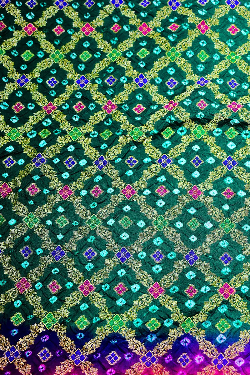 Bottle Green, Royal Purple & Rani Pink Bandhani Silk Saree with Gold Zari Jaal & Meenakari Border (RLSS-185)