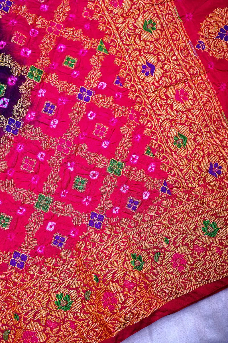 Bottle Green, Royal Purple & Rani Pink Bandhani Silk Saree with Gold Zari Jaal & Meenakari Border (RLSS-185)