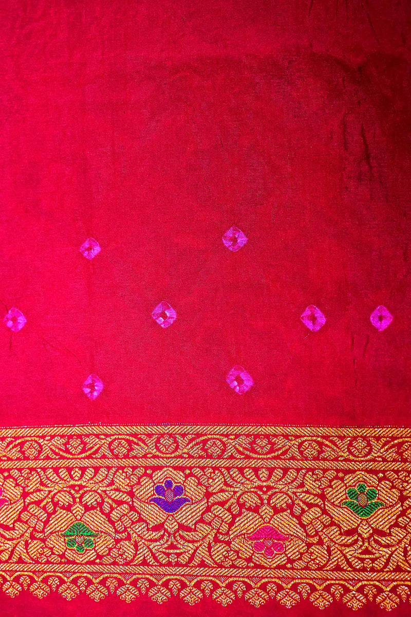 Bottle Green, Royal Purple & Rani Pink Bandhani Silk Saree with Gold Zari Jaal & Meenakari Border (RLSS-185)