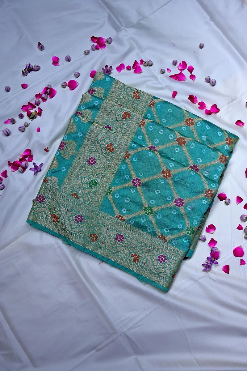 Sea Green Bandhani Silk Saree with Gold Zari Jaal & Colorful Meenakari Floral Border(RLSS-167)
