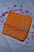 Mustard Orange Bandhani Silk Saree with Gold Zari Jaal & Colorful Meenakari Floral Border(RLSS-169)
