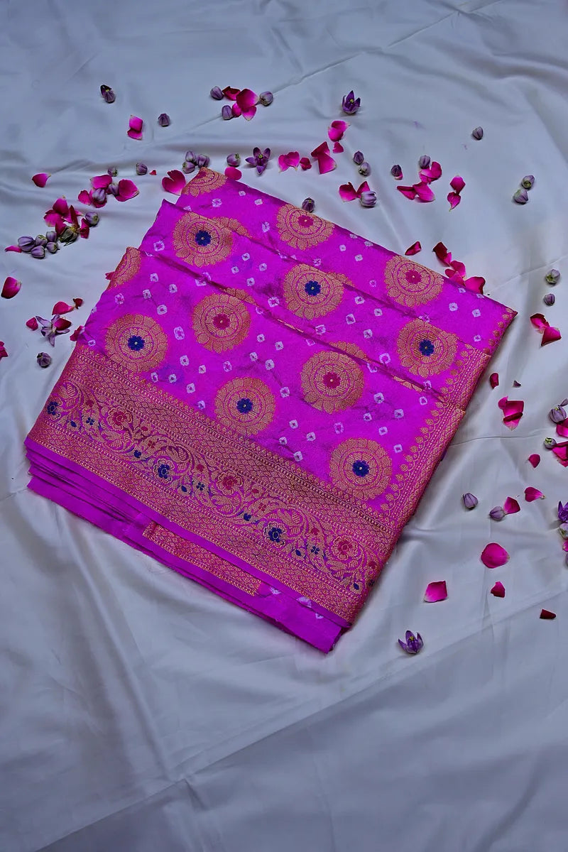Rani Pink Bandhani Silk Saree with Circular Zari Chakras & Meenakari Floral Border(RLSS-170)