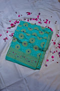 Turquoise Sea Green Bandhani Silk Saree with Circular Zari Chakras & Meenakari Border(RLSS-168)