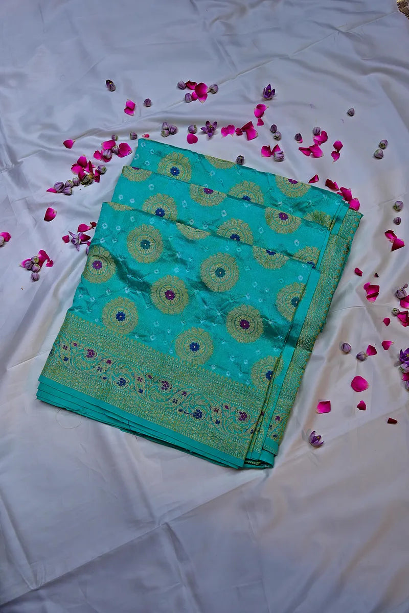 Turquoise Sea Green Bandhani Silk Saree with Circular Zari Chakras & Meenakari Border(RLSS-168)