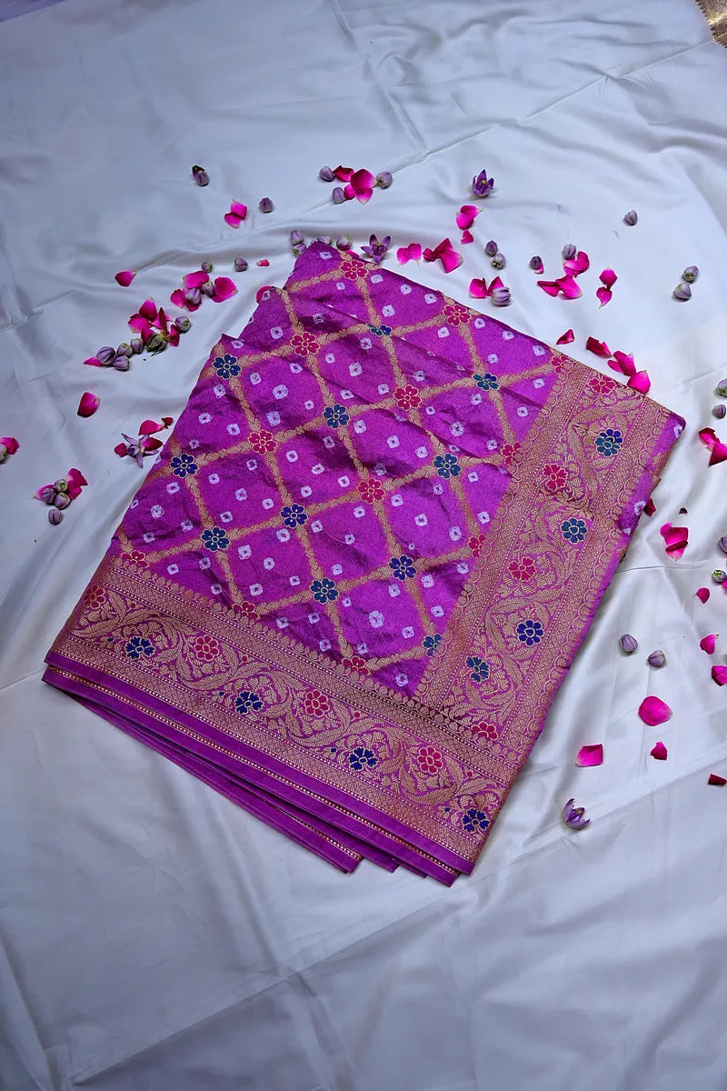 Magenta Purple Bandhani Silk Saree with Gold Zari Jaal Colorful Meenakari Floral Border(RLSS-171)