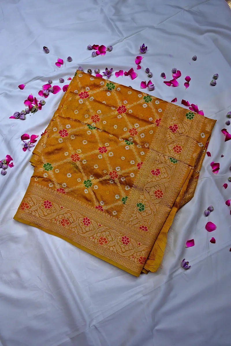 Mustard Yellow Zari Woven Banarasi Bandhani Saree(RLSS-186)