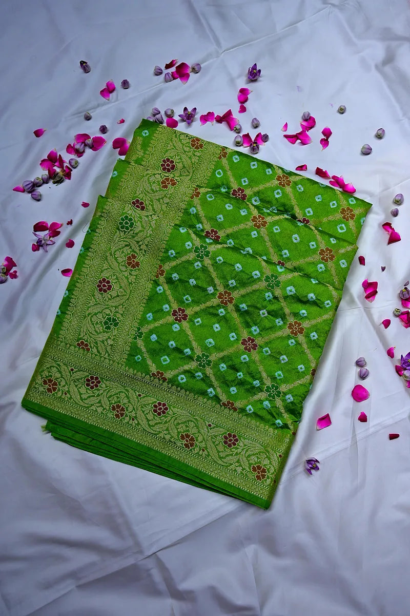 Parrot Green Banarasi Bandhani Silk Saree Meenakari Zari Elegance(RLSS-172)