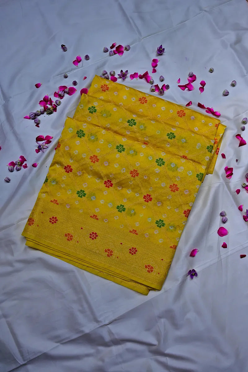 Sunshine Yellow Bandhani Silk Saree with Gold Zari Jaal & Colorful Meenakari Motifs(RLSS-180)