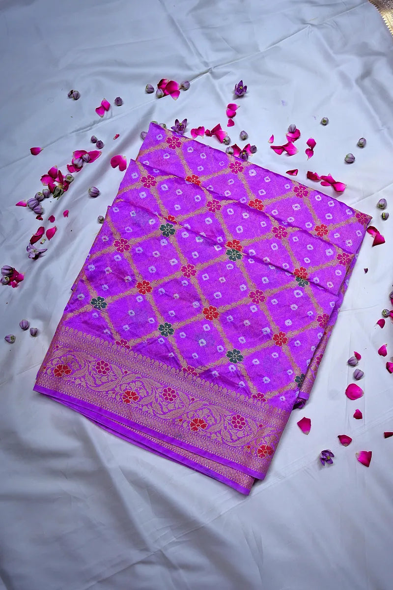 Vibrant Purple Banarasi Bandhani Silk Saree Meenakari & Zari Elegance(RLSS-174)