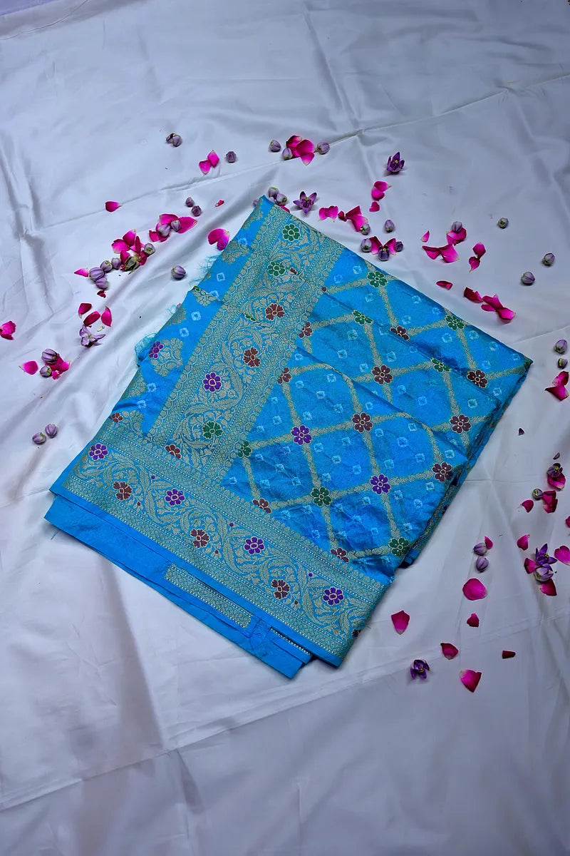Vibrant Sky Blue Bandhani Silk Saree with Gold Zari Jaal & Colorful Meenakari Floral Border(RLSS-176)