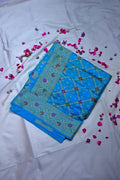 Vibrant Sky Blue Bandhani Silk Saree with Gold Zari Jaal & Colorful Meenakari Floral Border(RLSS-176)