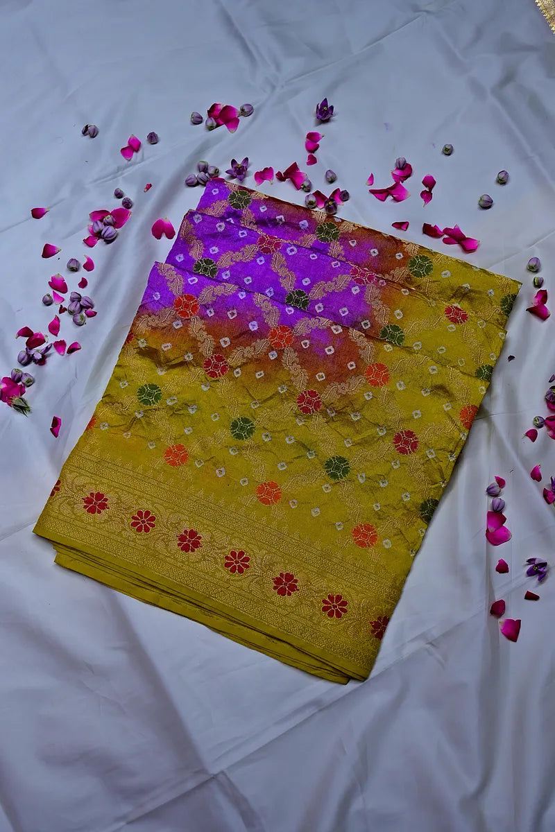 Dual Shade Mustard Yellow & Purple Bandhani Silk Saree with Gold Zari Jaal  Meenakari Border(RLSS-173)