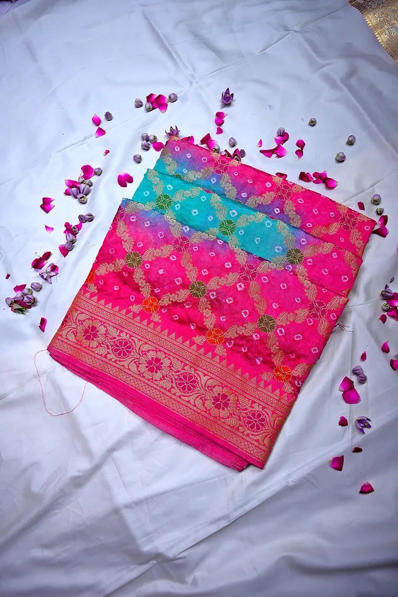 Dual-Tone Rani Pink & Turquoise Bandhani Silk Saree with Gold Zari Jaal & Meenakari Border(RLSS-175)