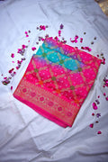 Dual-Tone Rani Pink & Turquoise Bandhani Silk Saree with Gold Zari Jaal & Meenakari Border(RLSS-175)