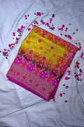 Multi-Color Pink, Yellow & Orange Bandhani Silk Saree with Gold Zari Jaal & Meenakari Border(RLSS-177)