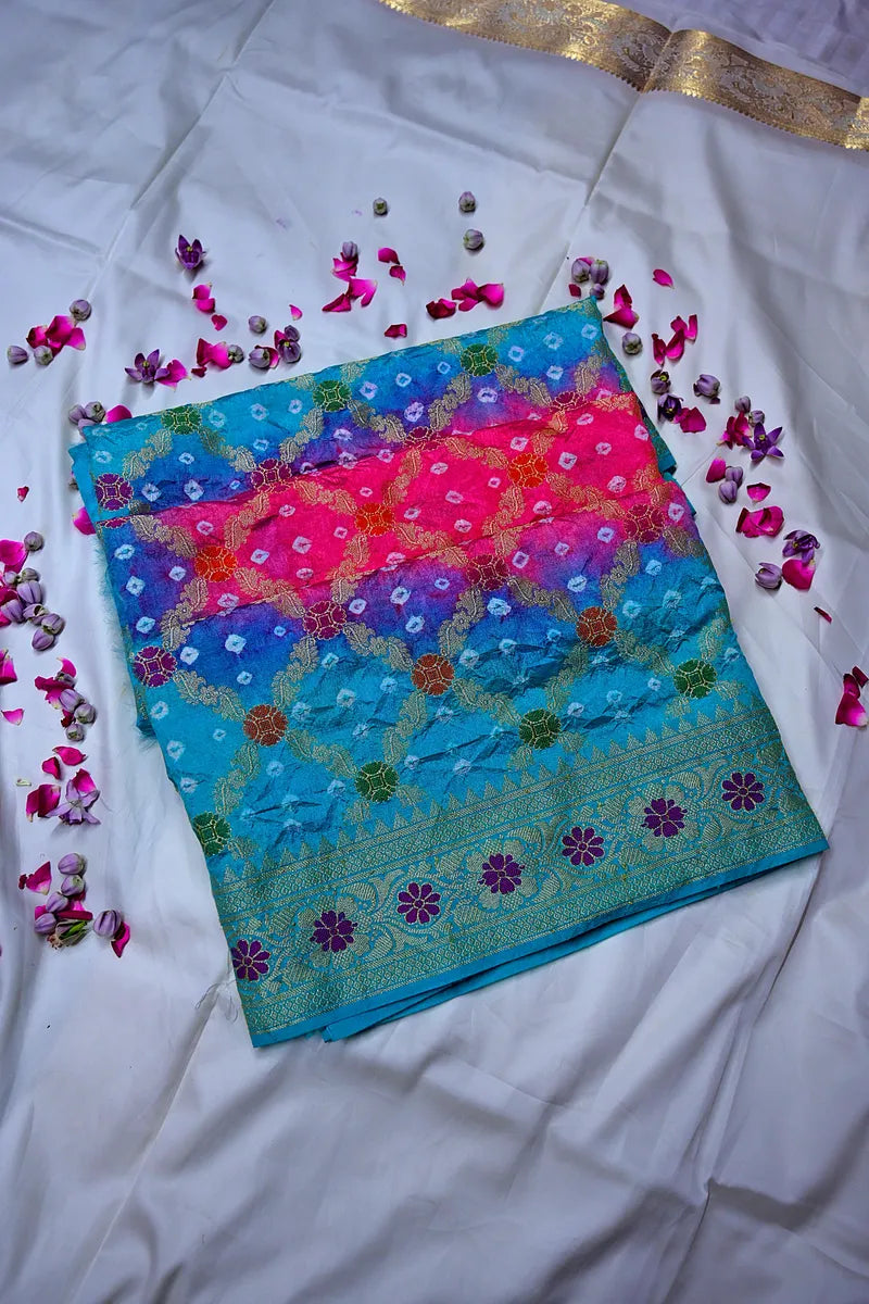 Multi-Color Ocean Blue & Hot Pink Bandhani Silk Saree with Gold Zari Jaal & Purple Meenakari Border(RLSS-178)
