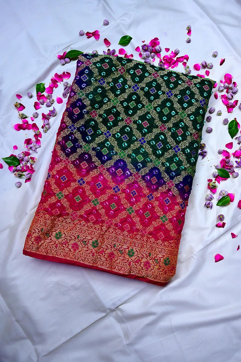 Bottle Green, Royal Purple & Rani Pink Bandhani Silk Saree with Gold Zari Jaal & Meenakari Border (RLSS-185)