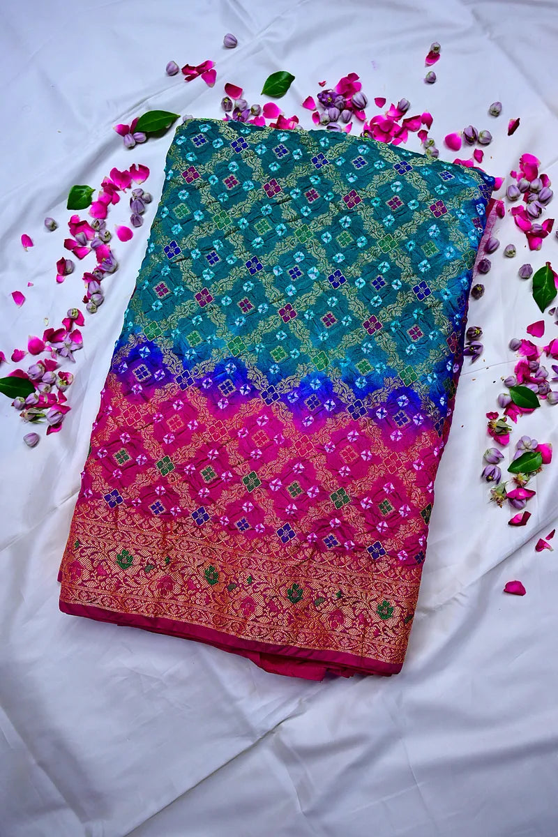 Peacock Teal & Magenta Pink Bandhani Silk Saree with Gold Zari Jaal & Multi-Color Meenakari Border(RLSS-182)