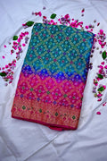 Peacock Teal & Magenta Pink Bandhani Silk Saree with Gold Zari Jaal & Multi-Color Meenakari Border(RLSS-182)