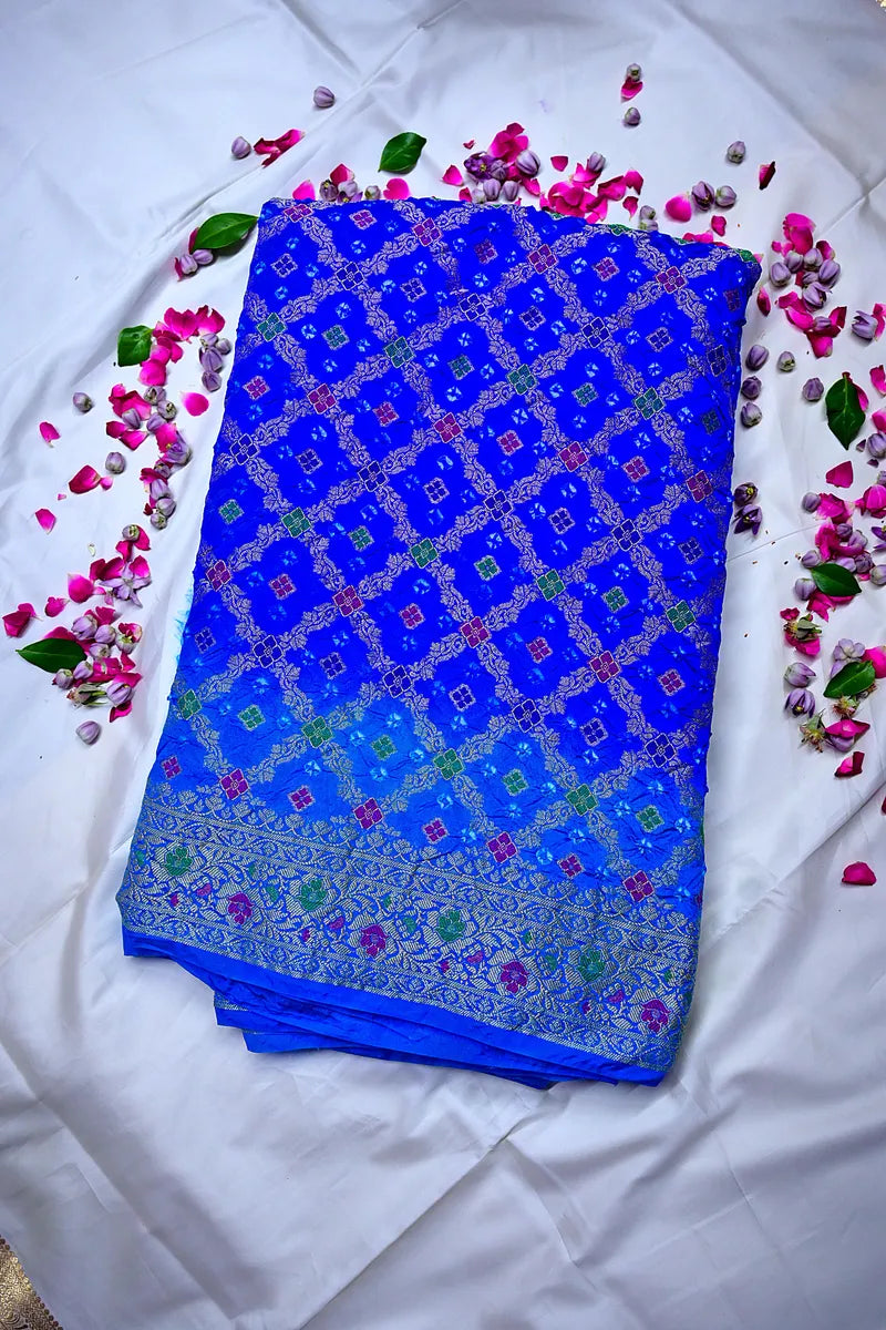 Royal Blue Bandhani Silk Saree with Gold Zari Jaal & Multi-Color Meenakari Floral Border(RLSS-179)