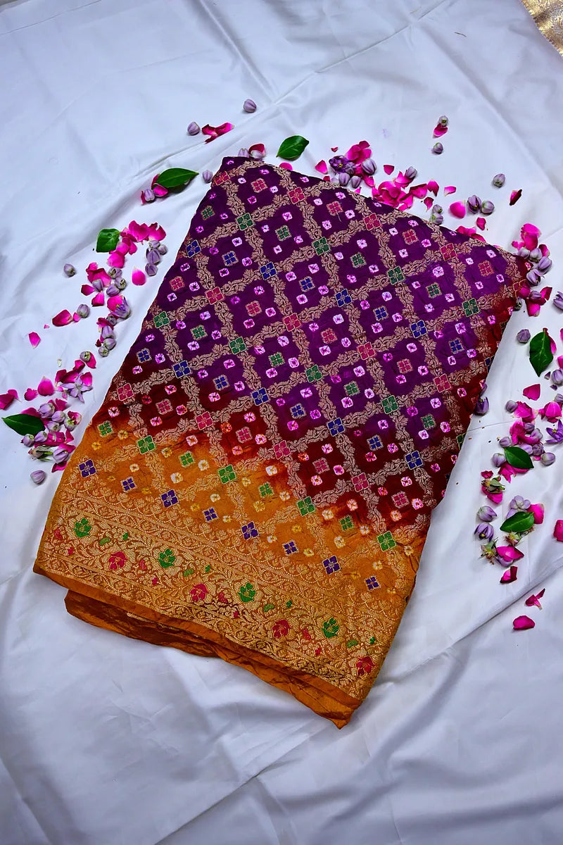 Multi-Color Purple, Wine Maroon & Mustard Bandhani Silk Saree with Gold Zari Jaal & Meenakari Border(RLSS-181)