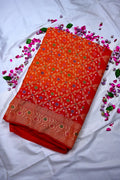 Tangerine Orange & Scarlet Red Bandhani Silk Saree with Gold Zari Foliage Jaal & Meenakari Border(RLSS-183)