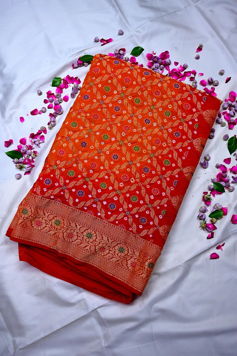Tangerine Orange & Scarlet Red Bandhani Silk Saree with Gold Zari Foliage Jaal & Meenakari Border(RLSS-183)