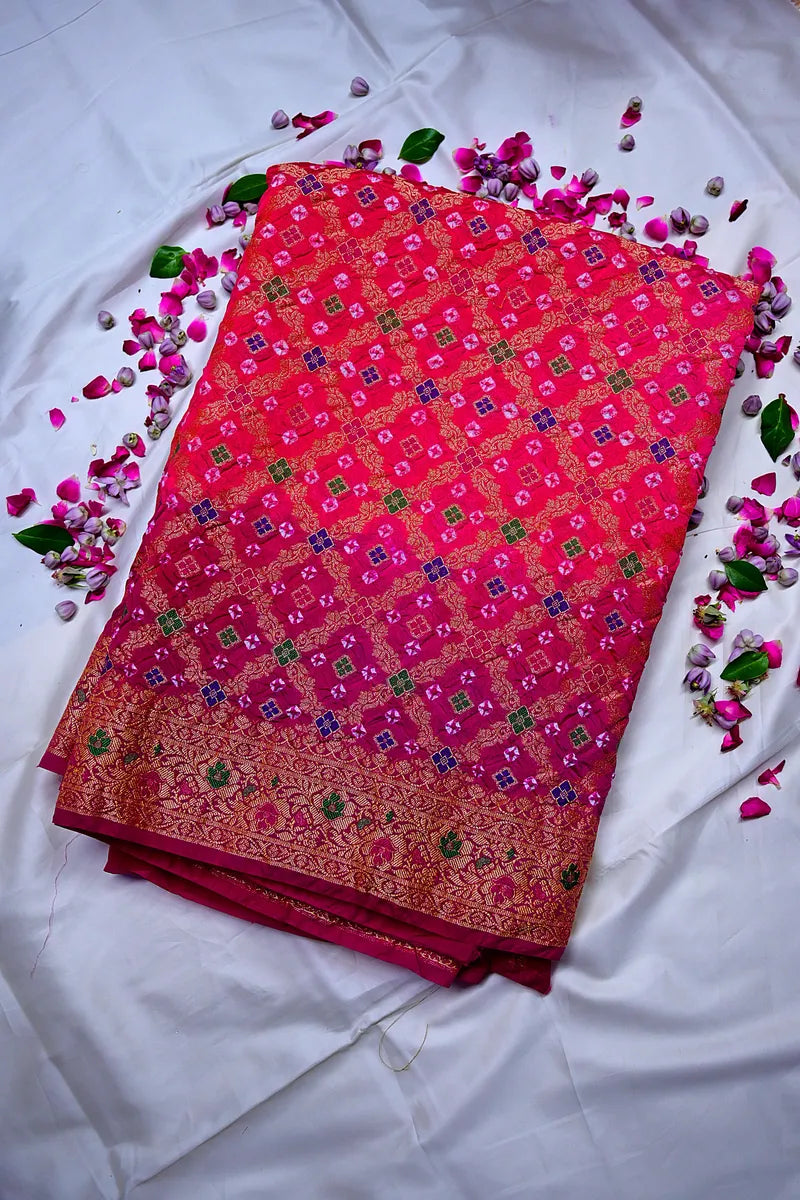 Rani Pink & Deep Magenta Bandhani Silk Saree with Gold Zari Jaal & Meenakari Border (RLSS-184)