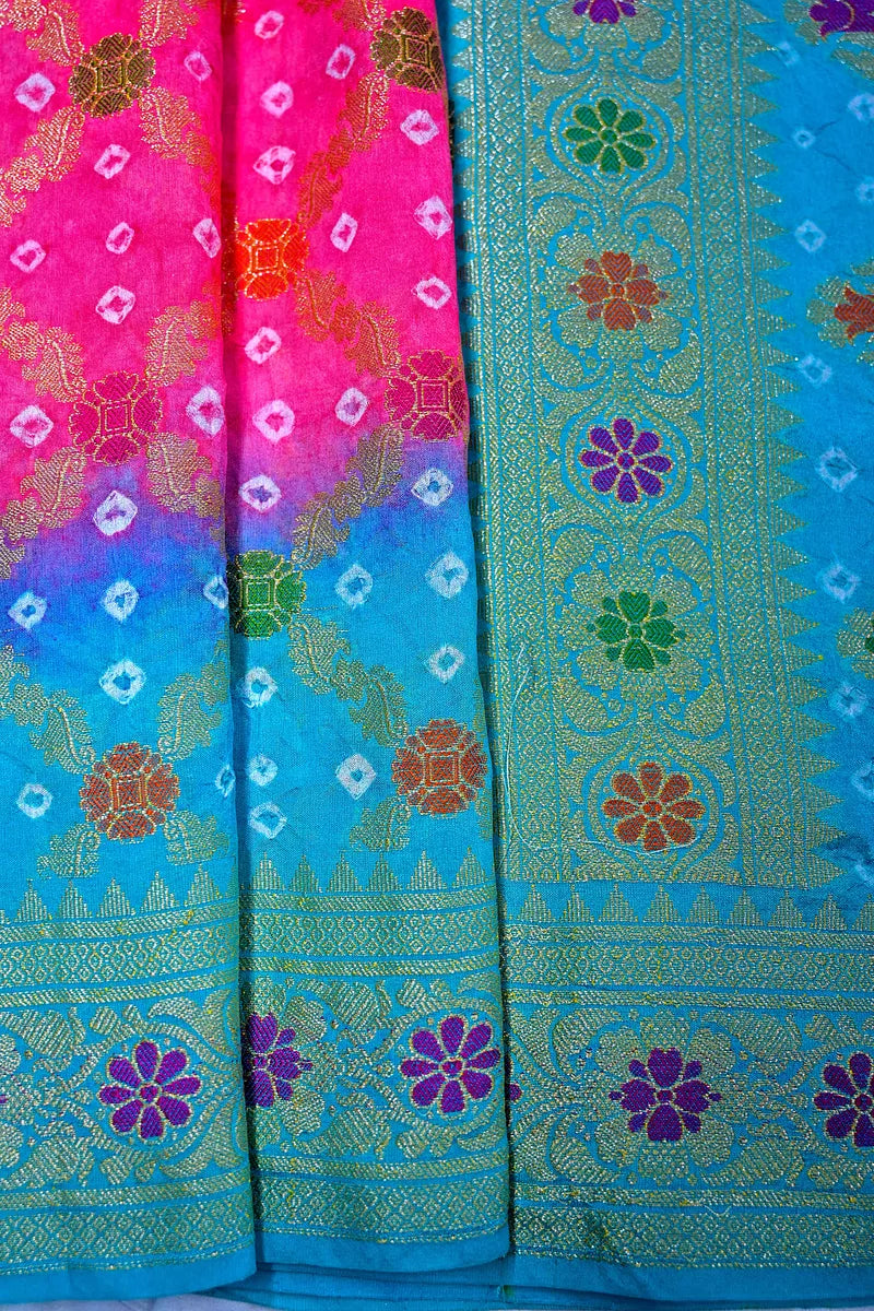 Dual-Tone Rani Pink & Turquoise Bandhani Silk Saree with Gold Zari Jaal & Meenakari Border(RLSS-175)