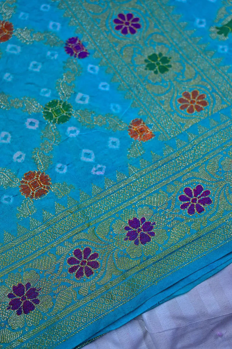 Dual-Tone Rani Pink & Turquoise Bandhani Silk Saree with Gold Zari Jaal & Meenakari Border(RLSS-175)