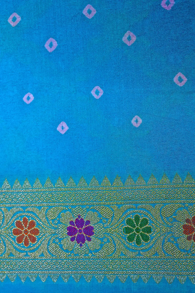 Dual-Tone Rani Pink & Turquoise Bandhani Silk Saree with Gold Zari Jaal & Meenakari Border(RLSS-175)