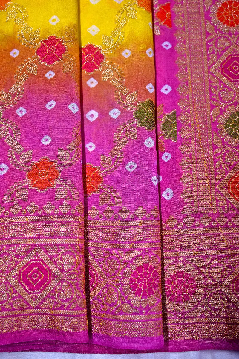 Multi-Color Pink, Yellow & Orange Bandhani Silk Saree with Gold Zari Jaal & Meenakari Border(RLSS-177)