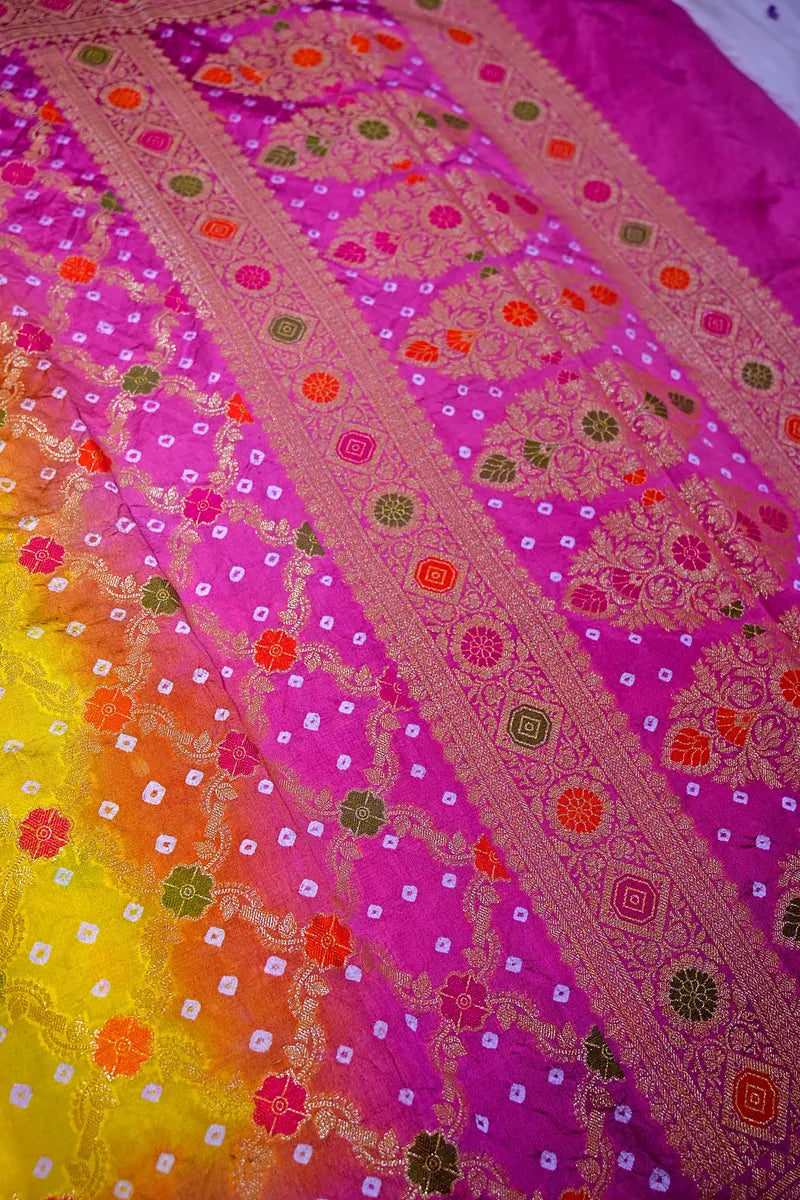 Multi-Color Pink, Yellow & Orange Bandhani Silk Saree with Gold Zari Jaal & Meenakari Border(RLSS-177)