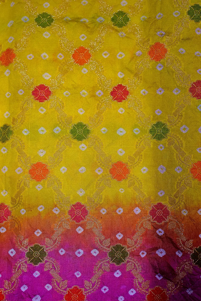 Multi-Color Pink, Yellow & Orange Bandhani Silk Saree with Gold Zari Jaal & Meenakari Border(RLSS-177)